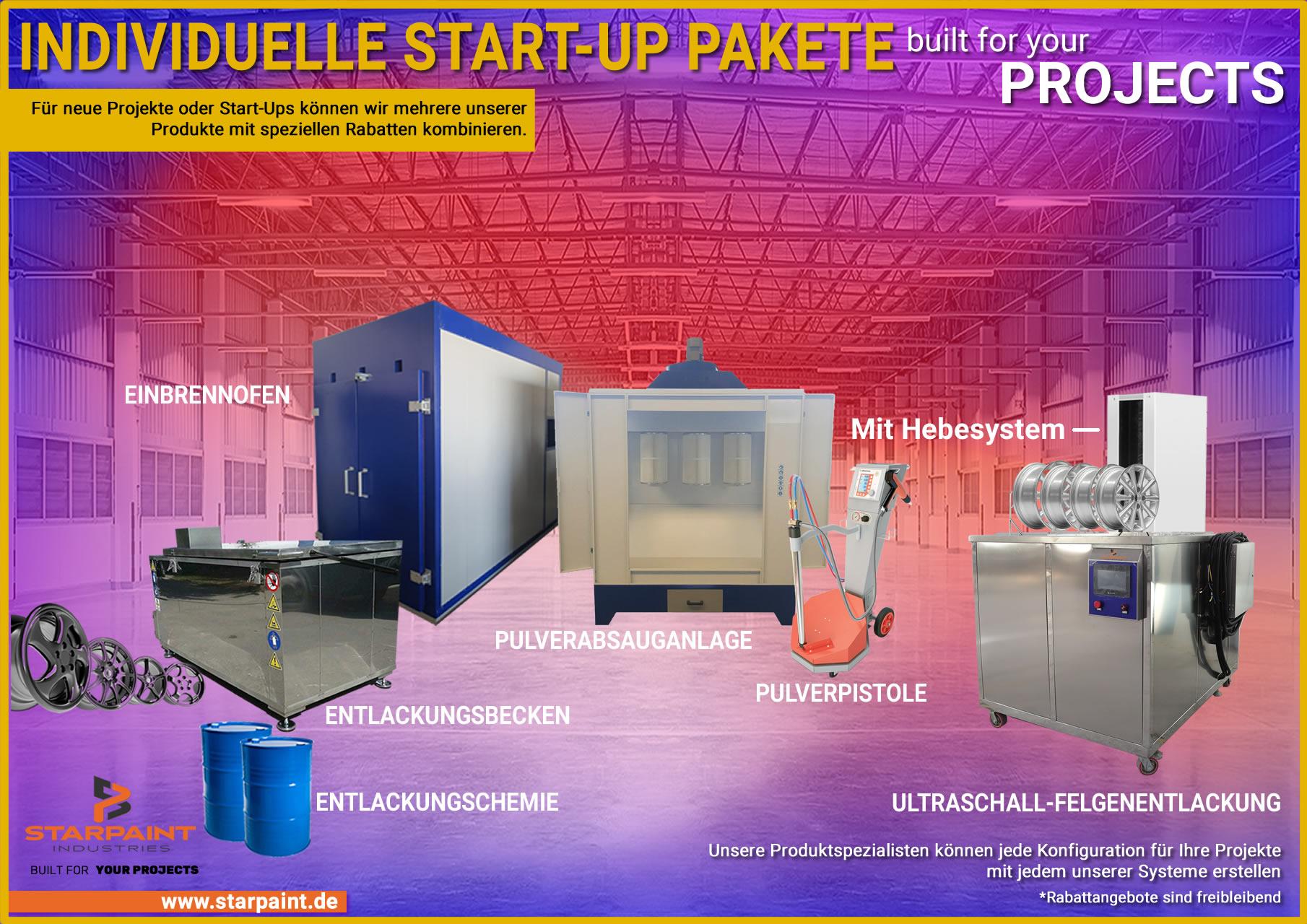 INDIVIDUELLE START-UP PAKETE - PULVERBESCHICHTUNG + ENTLACKUNG SPAREN SIE 10 % GEGENÜBER DEM SEPARATEN KAUF VON MASCHINEN Einbrennofen + Pulverabsauganlage + Pulverpistole + PRO Ultraschall-Felgenentlackung + Entlackungsbecken + Entlackungschemie