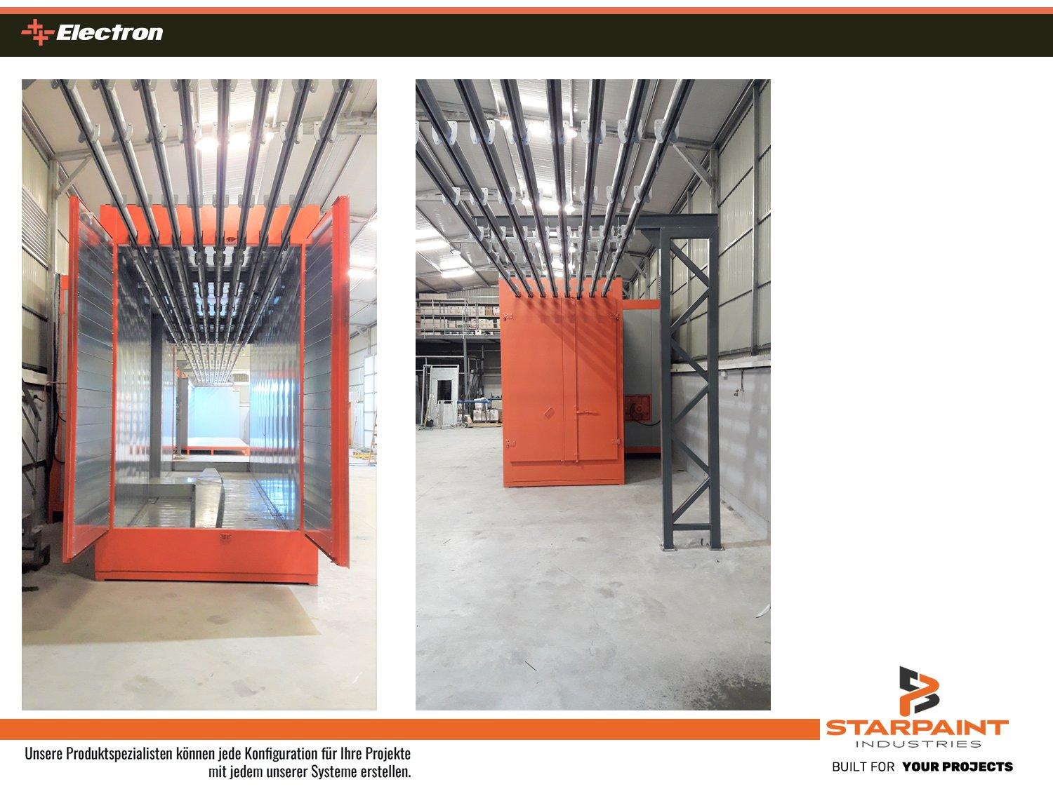 STARPAINT Industries Industrieausrüster für Oberflächentechnik in der Lackindustrie Austria, Germany, Switzerland, Netherlands, France, Belguim, Czechia, Poland, EU. Pulverofen für Pulverbeschichtung mit Fördersystem Schienensysteme, Beschichtungsstrassen