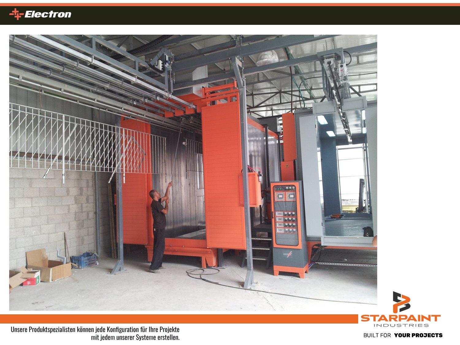 STARPAINT Industries Industrieausrüster für Oberflächentechnik in der Lackindustrie Austria, Germany, Switzerland, Netherlands, France, Belguim, Czechia, Poland, EU. Pulverofen für Pulverbeschichtung mit Fördersystem Schienensysteme, Beschichtungsstrassen