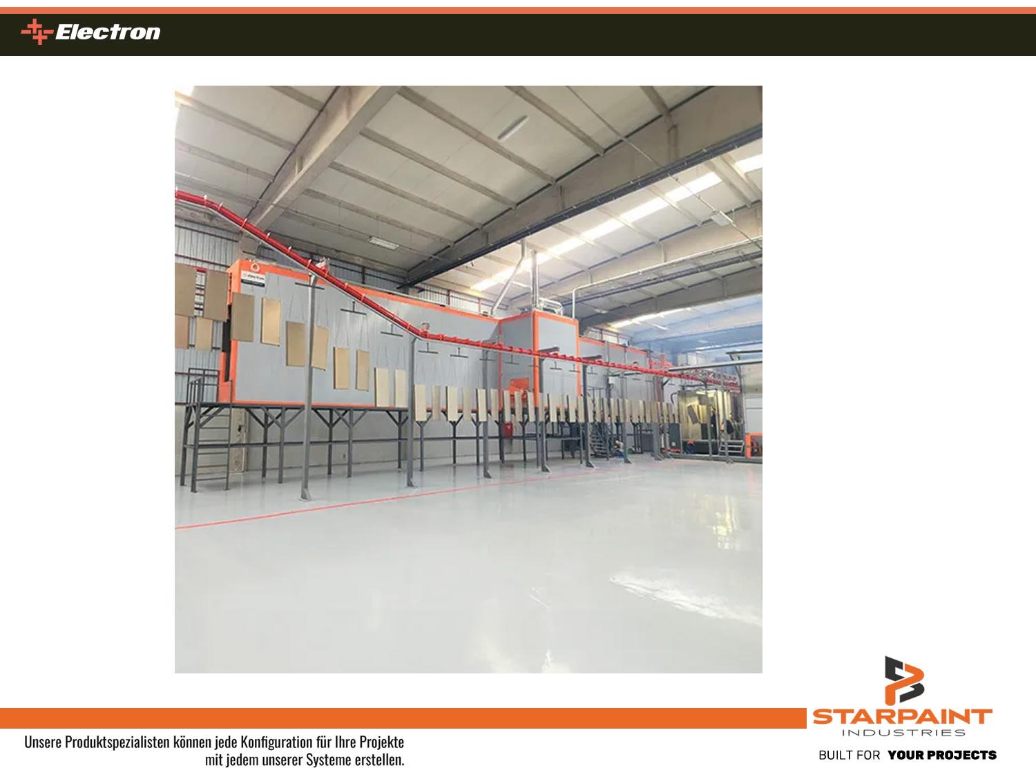 STARPAINT Industries Industrieausrüster für Oberflächentechnik in der Lackindustrie Austria, Germany, Switzerland, Netherlands, France, Belguim, Czechia, Poland, EU. Pulverofen für Pulverbeschichtung mit Fördersystem Schienensysteme, Beschichtungsstrassen