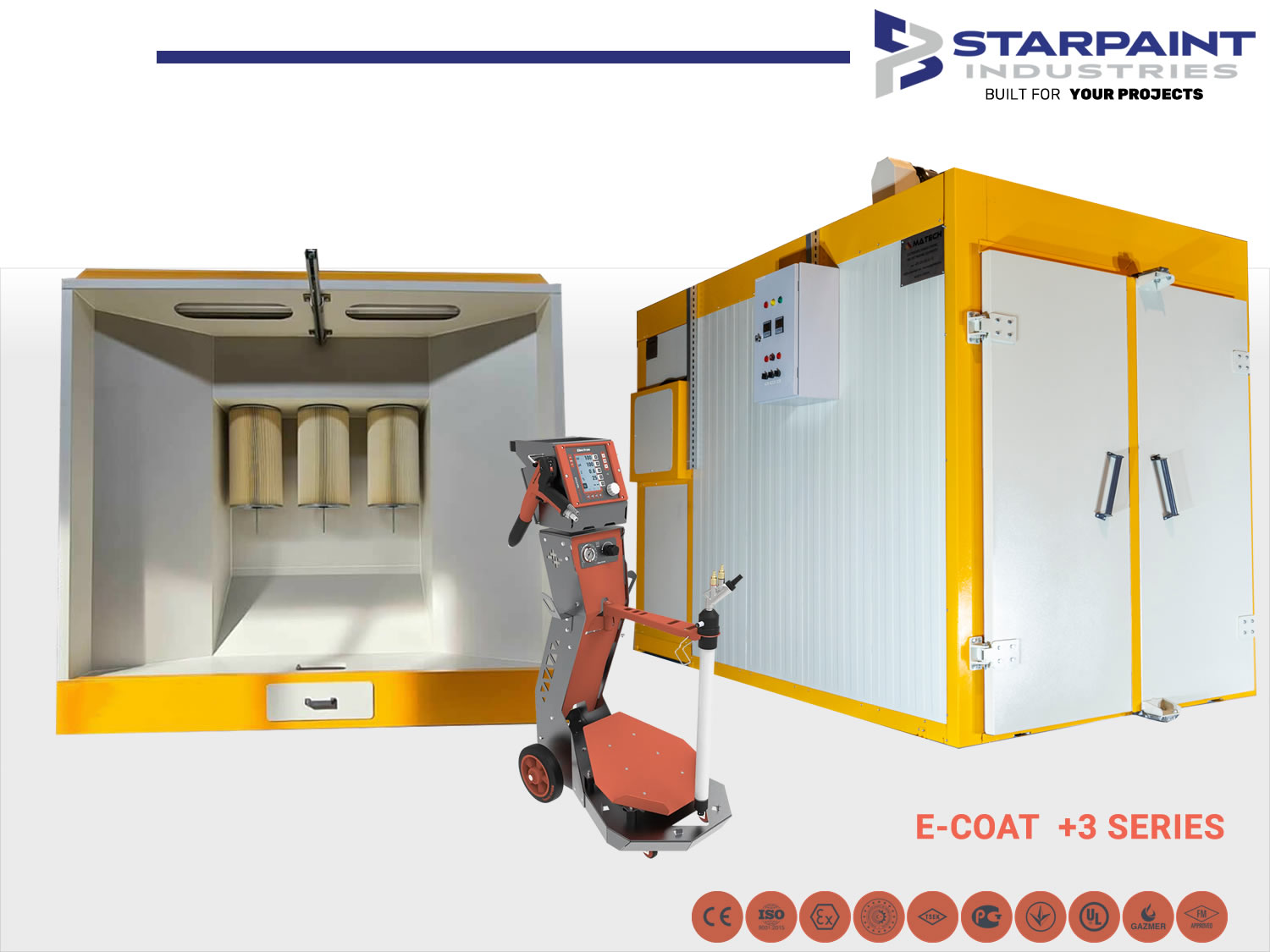 STARPAINT Industries Industrieausrüster für Oberflächentechnik in der Lackindustrie Austria, Germany, Switzerland, Netherlands, France, Belguim, Czechia, Poland, EU. Pulverabsauganlage 3 + PulverofenEinbrennofen 3m + Pulverpistole Electron